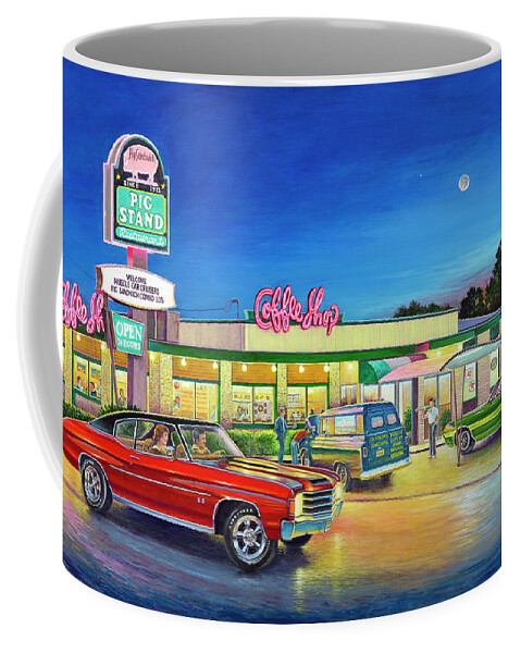 Pig Stand Coffee Mug featuring the painting Muscle Car Cruise Night by Randy Welborn