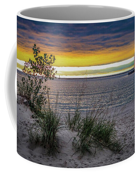  Coffee Mug featuring the photograph Muskegon Lighthouse Sunset IMG_5862 by Michael Thomas