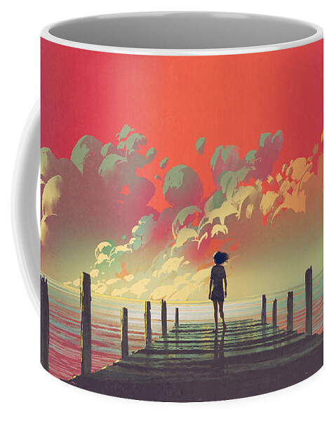 Illustrationpaintingartimaginationartworkacryliccloudsskypierwomanonealonecolorfulredoutdoorscenerywoodenbridgedreamlikelooking Atlakesurreallandscapejettystandingwalkingseapierfantasyoceannaturesummerfreedom Coffee Mug featuring the painting My Dream Place by Tithi Luadthong