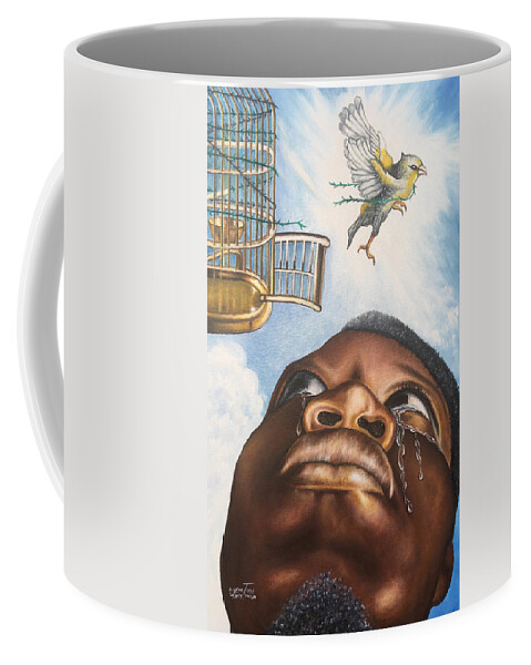 Bird Coffee Mug featuring the painting My Little Bird Flew Away by O Yemi Tubi