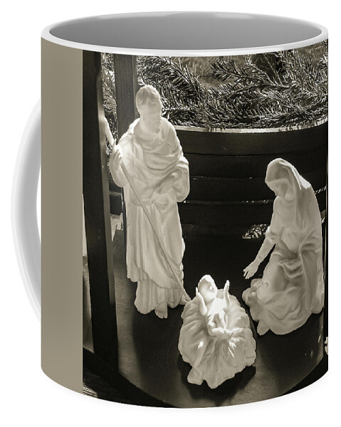 Nativity Mary Joseph Baby Jesus B&w Coffee Mug featuring the photograph Nativity2 by John Linnemeyer