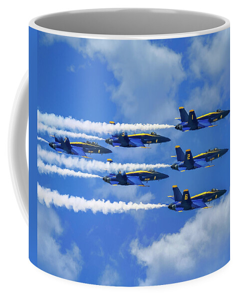 Blue Angels Show Coffee Mug featuring the photograph Navy Blue Angels Airshow With Smoke Trails on Cloudy Day by Robert Bellomy