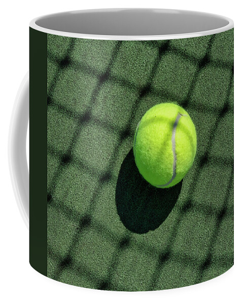 Tennis Coffee Mug featuring the photograph Net Shadows On Tennis Court And Tennis Ball by Gary Slawsky