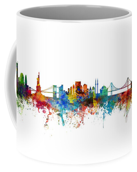Istanbul Coffee Mug featuring the digital art New York City and Istanbul Skyline Mashup by Michael Tompsett