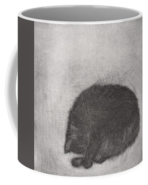 Cat Coffee Mug featuring the drawing Nonchaloir - etching by David Ladmore