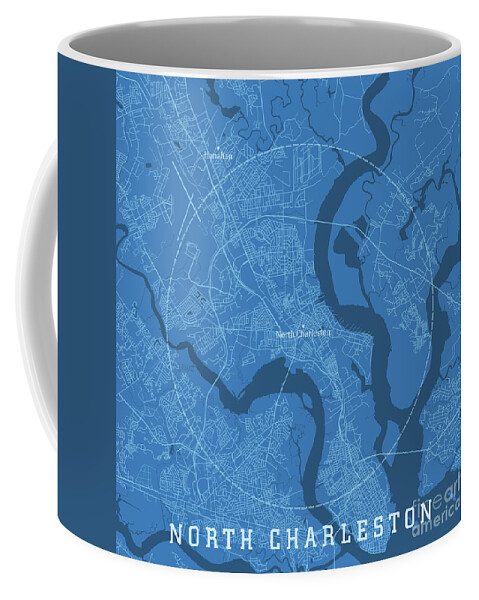 South Carolina Coffee Mug featuring the digital art North Charleston SC City Vector Road Map Blue Text by Frank Ramspott