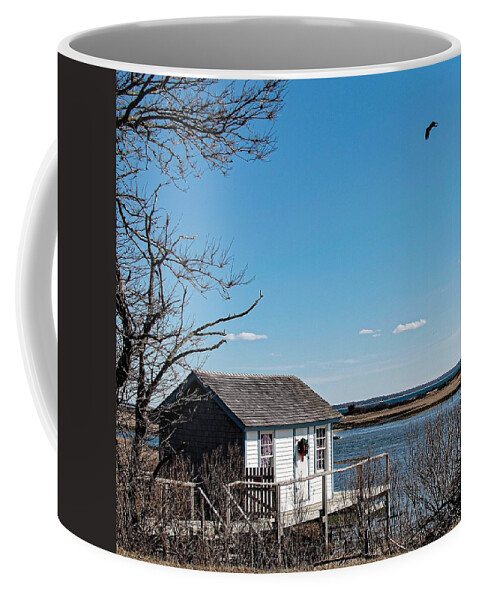 Shack House Water Bird Pond Lake Porch Coffee Mug featuring the photograph North Fork shack1 by John Linnemeyer