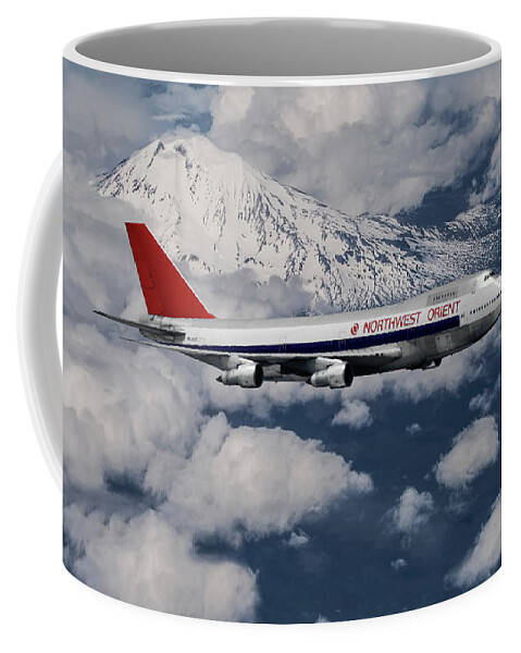 Northwest Orient Airlines Coffee Mug featuring the mixed media Northwest Orient Airlines Boeing 747 and Mt. Rainier by Erik Simonsen