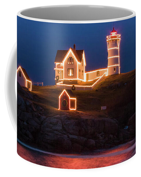 Maine Lighthouse Coffee Mug featuring the photograph Nubble lighthouse with Christmas Lights by Jeff Folger