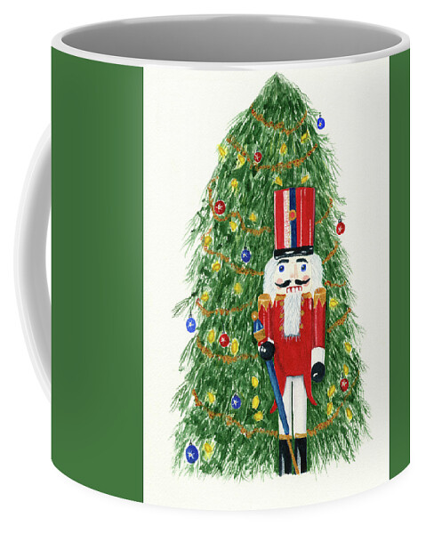 Christmas Coffee Mug featuring the painting Nutcracker standing in front of Christmas Tree by Deborah League