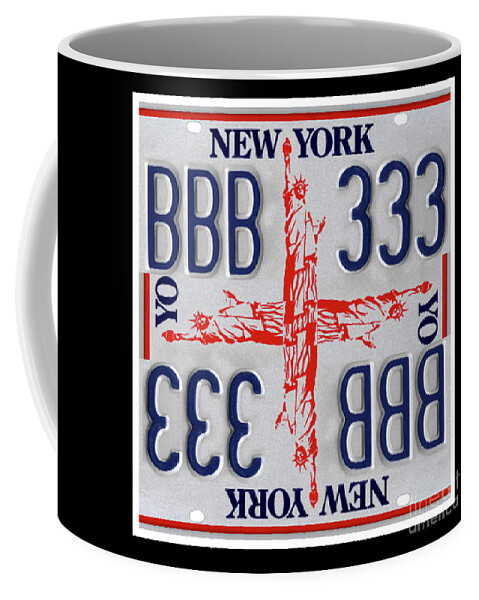 New York Coffee Mug featuring the mixed media NY Statue of Liberty Cross Print - Recycled New York License Plates Art by Steven Shaver