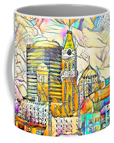 Wingsdomain Coffee Mug featuring the photograph Oakland Tribune And The Oakland Skyline in Surreal Abstract 20210113 by Wingsdomain Art and Photography