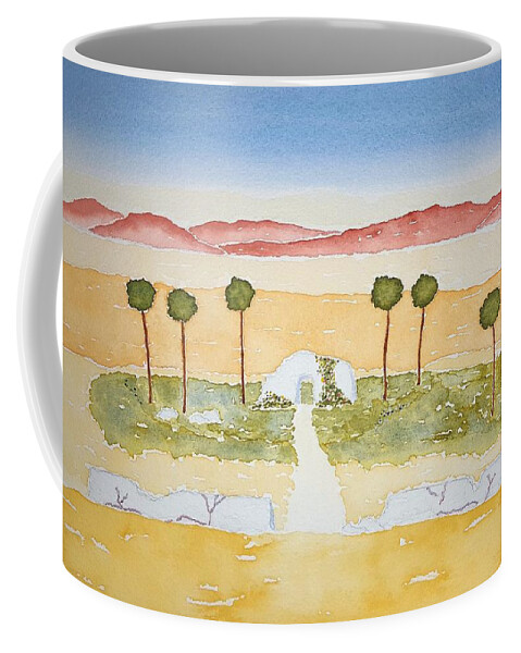 Watercolor Coffee Mug featuring the painting Oasis of Lore by John Klobucher