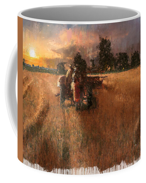 Sunset Coffee Mug featuring the painting Oat Harvest at Sunset - 1940s by Glenn Galen