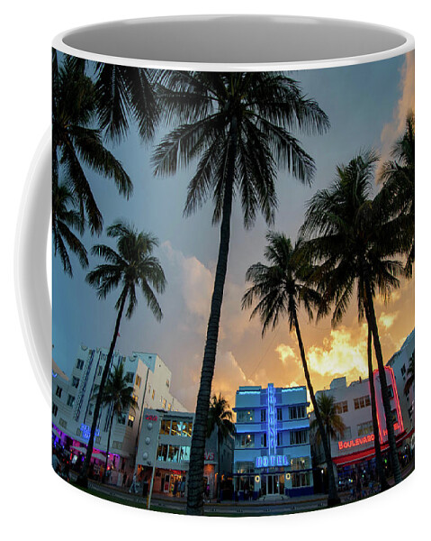 Palm Coffee Mug featuring the photograph Ocean Drive in South Beach Miami at Sunset by Beachtown Views