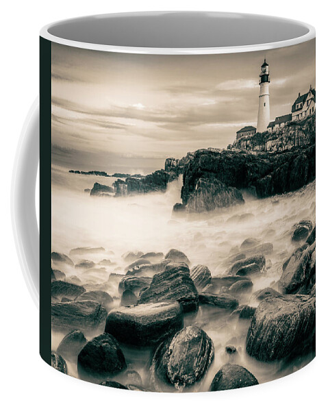 Sepia Coffee Mug featuring the photograph Ocean Waters Over The Rocks Below Portland Head Lighthouse - Sepia Edition by Gregory Ballos