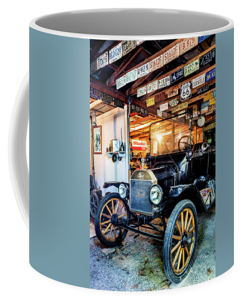 Ford Coffee Mug featuring the photograph Old Classic in the Garage by Debra and Dave Vanderlaan
