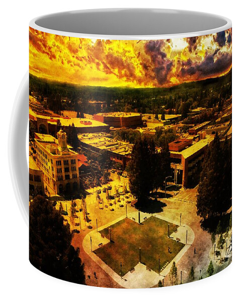 Santa Rosa Coffee Mug featuring the digital art Old Courthouse Square in Santa Rosa, California, seen on sunset by Nicko Prints