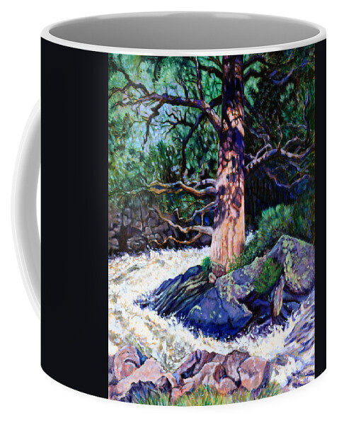 Old Pine Coffee Mug featuring the painting Old Pine In Rushing Stream by John Lautermilch
