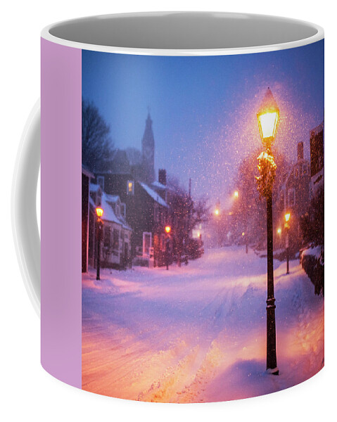 Marblehead Coffee Mug featuring the photograph Old Town Marblehead Snowstorm Looking up at Abbot Hall Square by Toby McGuire