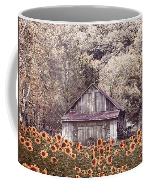 Sunflower Coffee Mug featuring the photograph Old Wood Barn in Soft Sunflowers by Debra and Dave Vanderlaan