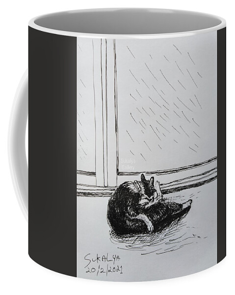 Cat Coffee Mug featuring the drawing On Bath by Sukalya Chearanantana