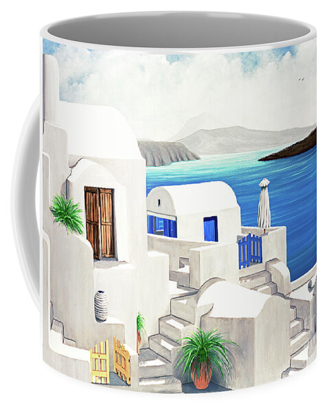 Santorini Coffee Mug featuring the painting ON OIA, Santorini-Print of Oil Painting by Mary Grden
