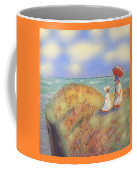 Cliff Coffee Mug featuring the painting On The Cliff with a Parasol by Angela Davies