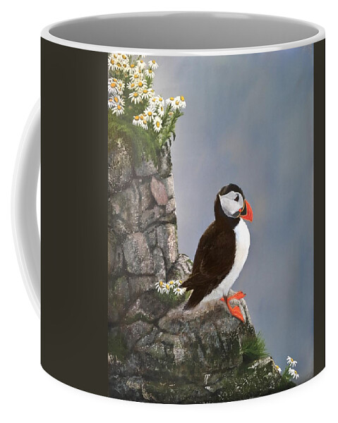 Puffin Coffee Mug featuring the painting On The Edge by Marlene Little