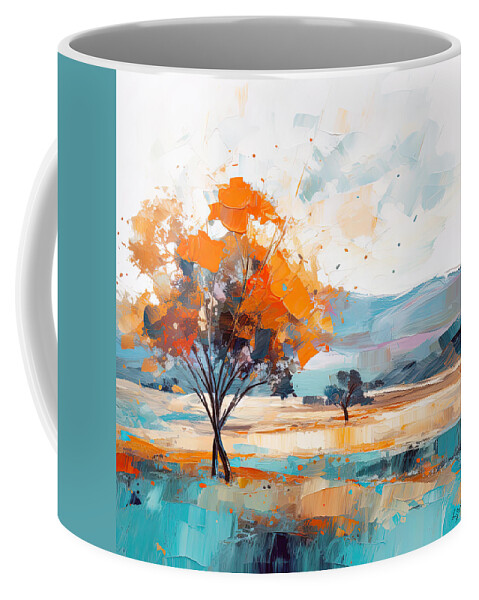 Turquoise Art Coffee Mug featuring the painting Orange and Turquoise Impressionist Art by Lourry Legarde