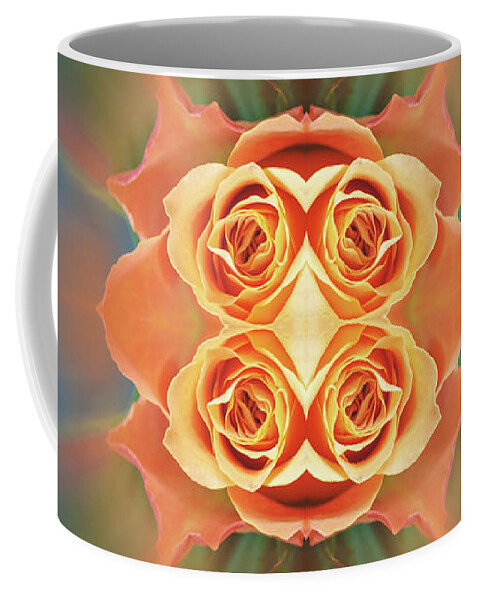 Rose Flowers Coffee Mug featuring the photograph Orange beautiful rose flowers in surreal kaleidoscope by Gregory DUBUS