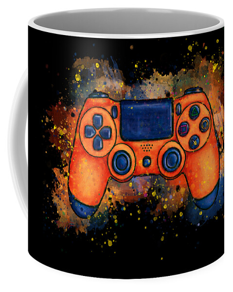 Gaming Coffee Mug featuring the painting Orange game controller splatter art, gaming by Nadia CHEVREL