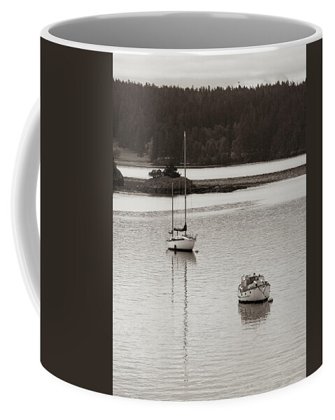 Orcas Island Coffee Mug featuring the photograph Orcas Island East Sound Boat Reflection by Donnie Whitaker