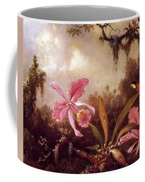 Martin Johnson Headetrochilidae Coffee Mug featuring the painting Orchids And Crimson Topaz Hummingbird by Martin Johnson Heade