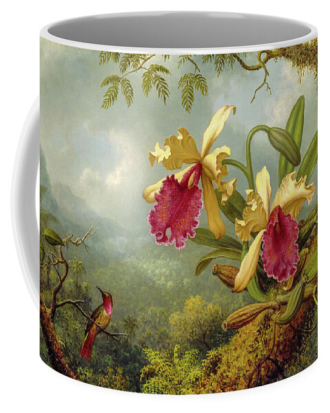 Martin Johnson Headetrochilidae Coffee Mug featuring the painting Orchids and Hummingbird 4 by Martin Johnson Heade