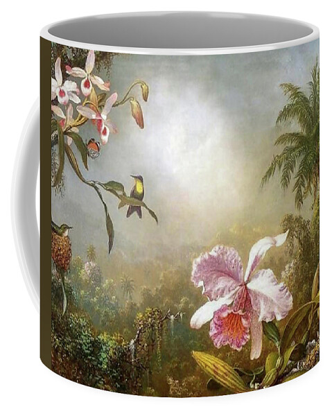Martin Johnson Heade Coffee Mug featuring the painting Orchids Nesting Hummingbirds And A Butterfly by Martin Johnson Heade