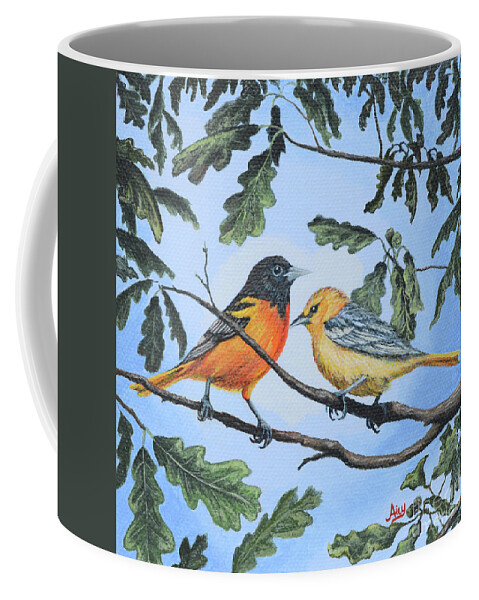 Birds Coffee Mug featuring the painting Oriole Birds on White Oak Tree by Aicy Karbstein