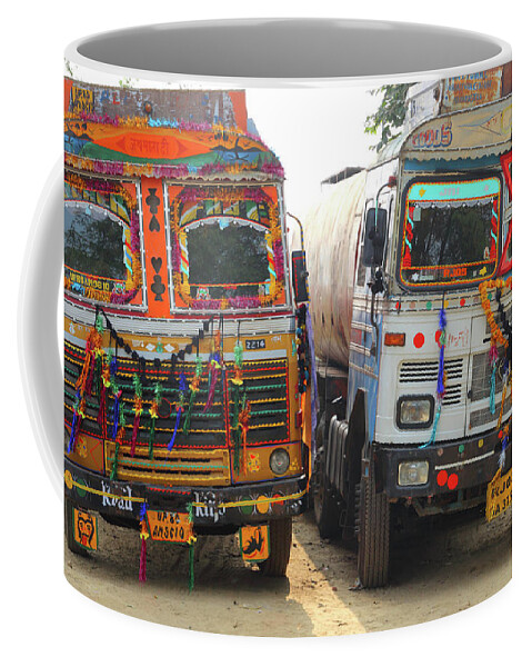 Indian Coffee Mug featuring the photograph Ornate Trucks In India by Mikhail Kokhanchikov