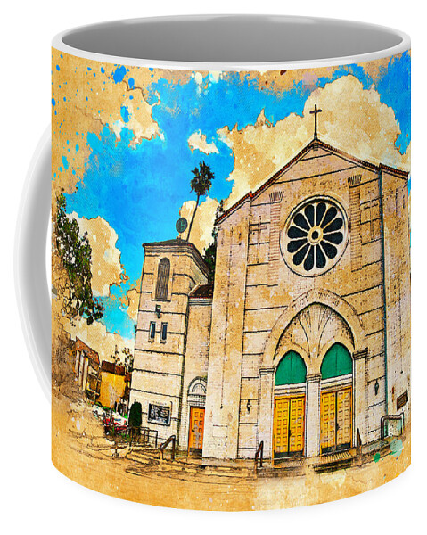 Our Lady Of Perpetual Help Coffee Mug featuring the digital art Our Lady of Perpetual Help catholic church in Downey, California by Nicko Prints