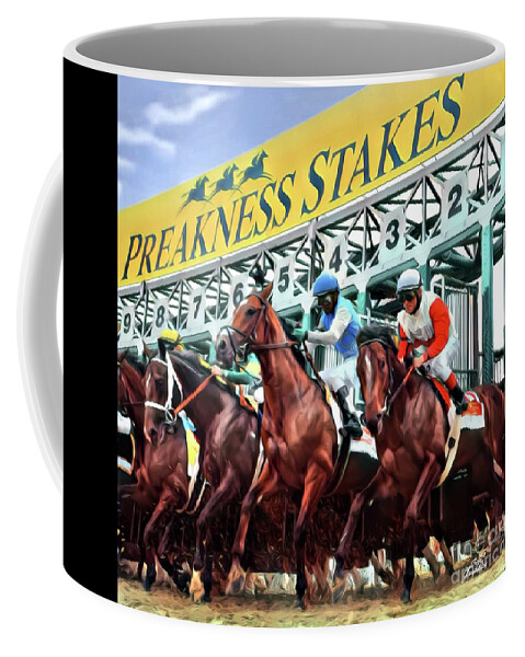 Preakness Stakes Coffee Mug featuring the digital art Out Of The Gate by CAC Graphics
