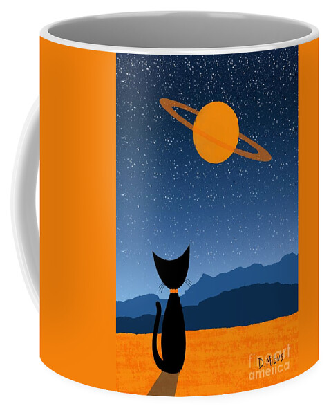  Coffee Mug featuring the digital art Outer Space Cat Admires Ringed Planet 2 by Donna Mibus