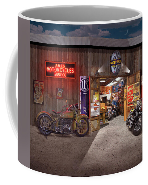 Motorcycle Shop Coffee Mug featuring the photograph Outside the Motorcycle Shop by Mike McGlothlen