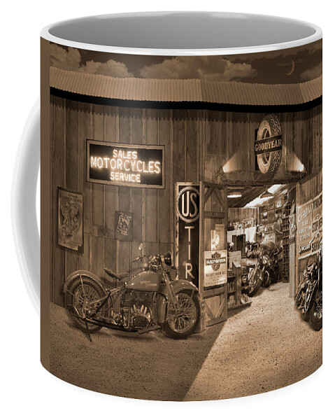 Motorcycle Coffee Mug featuring the photograph Outside The Old Motorcycle Shop - Spia by Mike McGlothlen