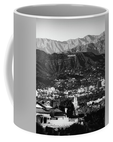 Hollywood Hills Coffee Mug featuring the photograph Overlooking Hollywood Hills And The Santa Monica Mountains - Black and White Edition by Gregory Ballos