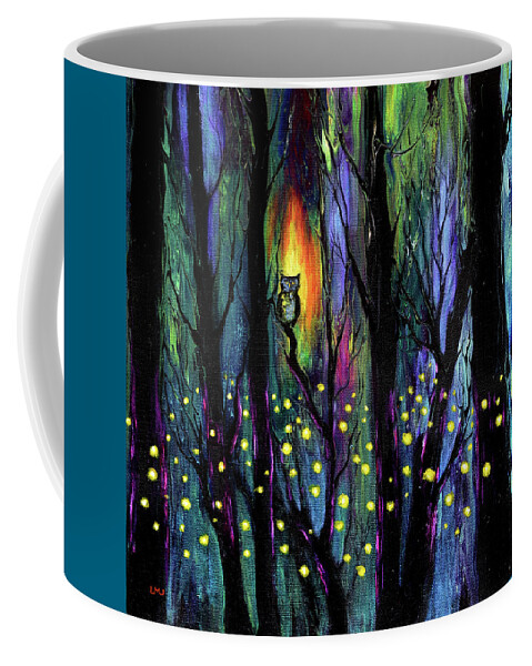 Pour Painting Coffee Mug featuring the painting Owl in a Deep Dark Forest by Laura Iverson