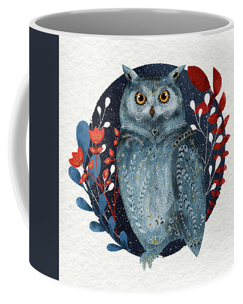 Owl Coffee Mug featuring the painting Owl With Flowers by Modern Art