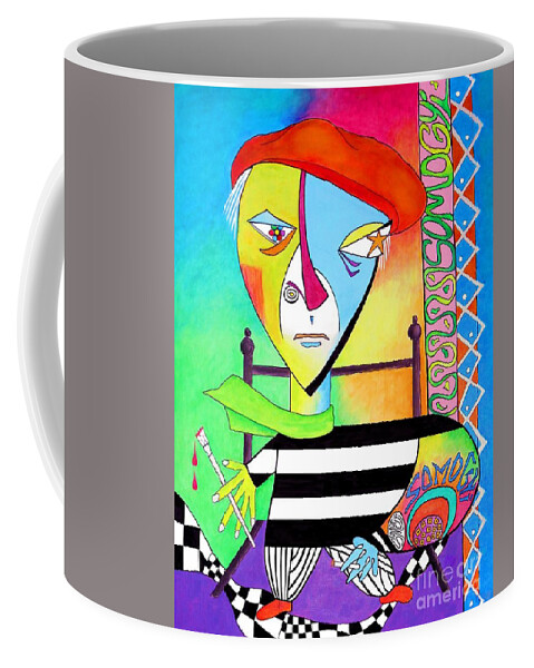 Pablo Picasso Coffee Mug featuring the painting Pablo, Seated, with Paintbrush by Jayne Somogy