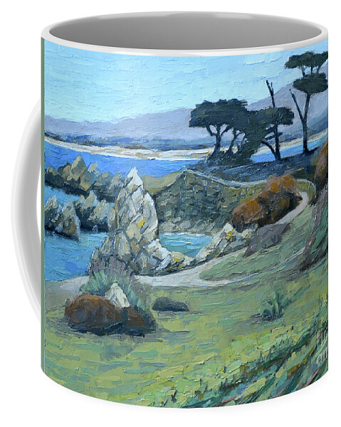 Monterey Coffee Mug featuring the painting Pacific Grove Cypress by PJ Kirk