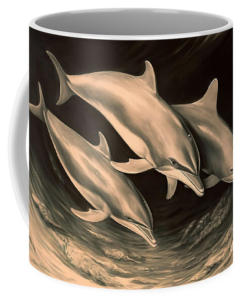 Painting Coffee Mug featuring the painting Painting of three dolphins underwater oil on canvas on sepia by N Akkash