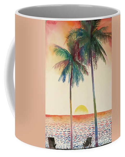 #palmtrees #palm #trees #ocean #sunset #mexico #beach #glenneff #thesoundpoetsmusic #picturerockstudio #watercolor #watercolorpainting #beachchairs #tranquil Coffee Mug featuring the painting Palm Trees Beach Sunset by Glen Neff